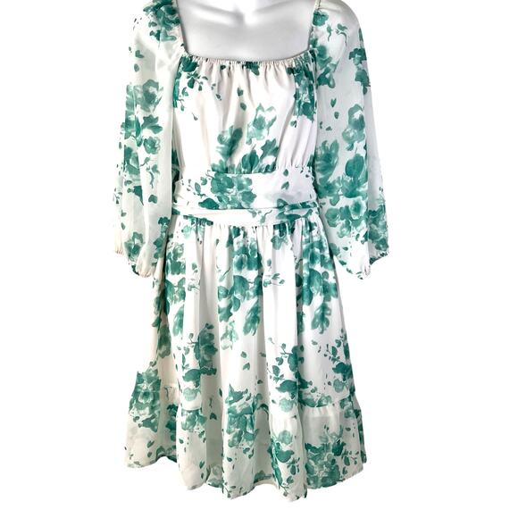 Fit & Flare Milkmaid Dress XL Green White Lantern Sleeves Ruffle Stretch Waist - Picture 3 of 16